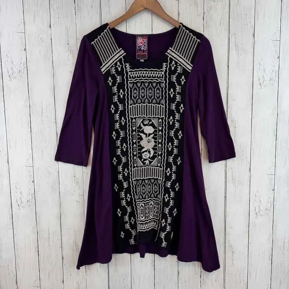 Johnny Was Dark Purple Embroidered 3/4 Sleeve Tunic Boho Cupra Cotton Size Small